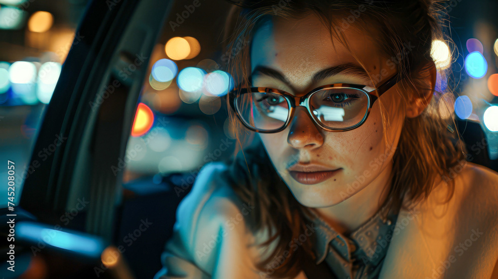 A contemplative woman in glasses checks her phone in the backseat of a car, city lights creating a vibrant backdrop.