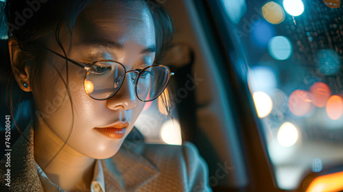 A contemplative woman in glasses checks her phone in the backseat of a car, city lights creating a vibrant backdrop.