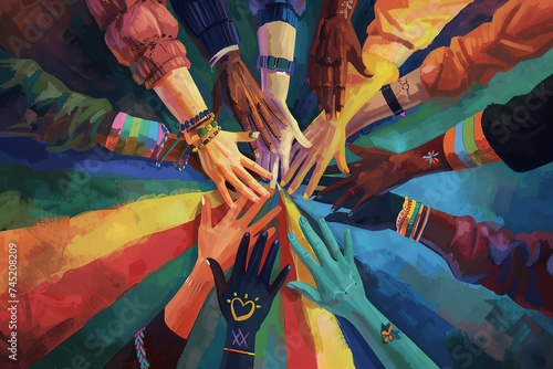 Hands of different ages and nationalities reach out and shake hands in unity, forming a circle of colors of pride.