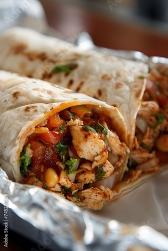 yummy burrito packed with chicken, beans, salsa