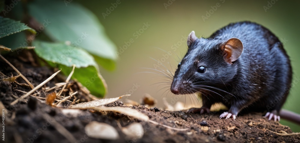 a black rat sitting on top of a pile of dirt next to a leafy green leafy tree branch. a black rat sitting on top of a pile of dirt next to a leafy green leafy tree branch.