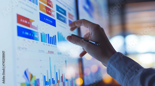 Analyzing Business Data - Close-up of a Professional's Hand Pointing at a High-Resolution Display with Various Graphs and Charts