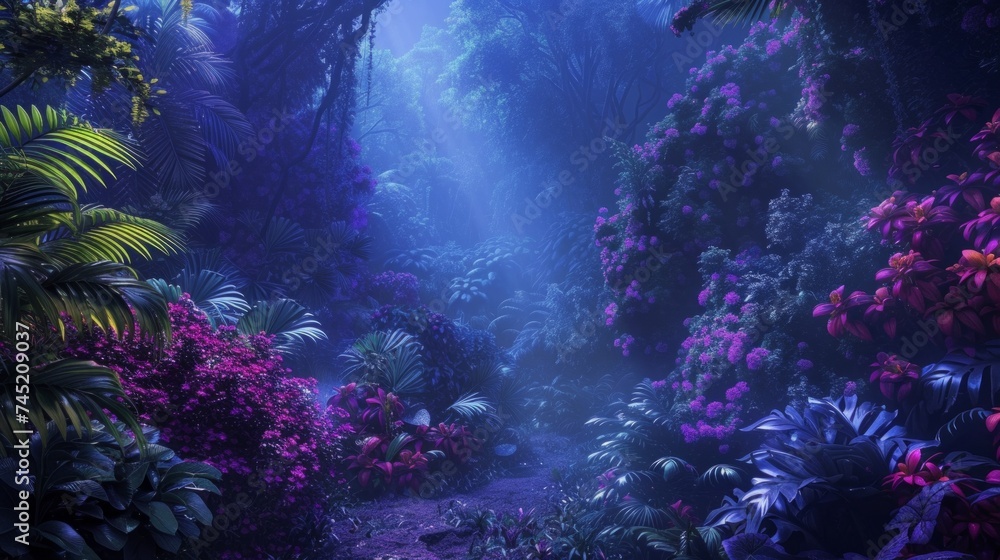 Obraz premium Create an ethereal image of a tropical jungle bathed in iridescent purple and blue light, highlighting the rich diversity of its exotic vegetation. The colorful trees, vibrant flow, AI Generative