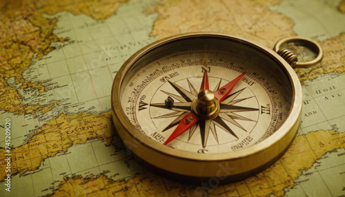 Ancient compass on an antique world map