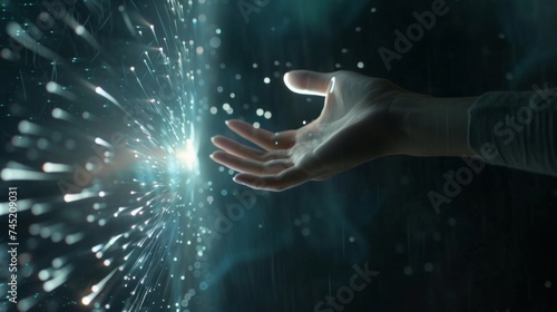 Create an image of a human hand reaching out to touch a luminous digital interface, where streams of light and data converge at the fingertips, set against a dark, mysterious, AI Generative © sorapop
