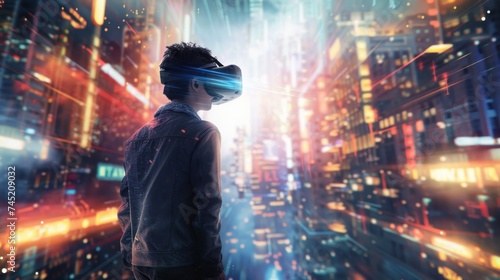 Create an image of a man with a virtual reality headset, standing at the threshold of a futuristic metropolis. The environment around him is a blend of advanced technology, AI Generative photo
