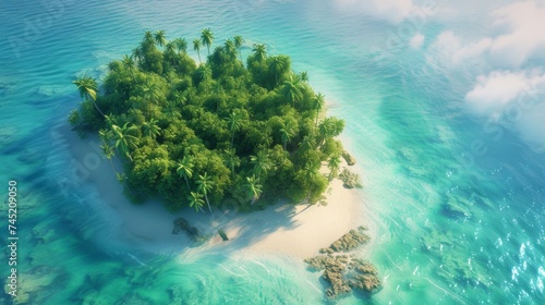 Create an idyllic view of a secluded tropical island, surrounded by crystal-clear turquoise waters. The island should be lush with vibrant green palm trees, white sandy beaches, AI Generative