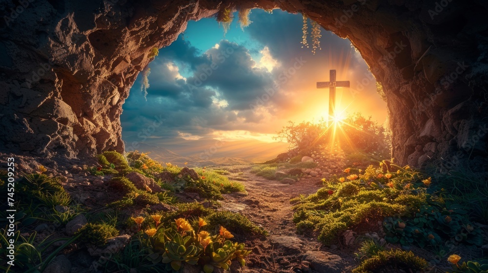 Dawn of Easter, Jesus risen, empty tomb with crucifixion background, celebrating Christian faith and renewal, AI Generative - obrazy, fototapety, plakaty 