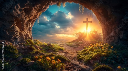 Dawn of Easter, Jesus risen, empty tomb with crucifixion background, celebrating Christian faith and renewal, AI Generative photo