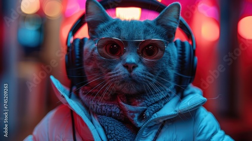 illustration of fantasy character with cat head wearing sunglasses and headphones in white jacket listening to music