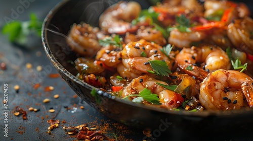 A seafood dish with shrimp and vegetables cooked in a wok on the table
