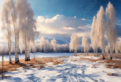 Beautiful winter landscape frosted woodland snowy farmland under blue sky with white fluffy clouds.