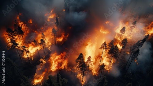 Aerial photography forest fire. Natural disaster.