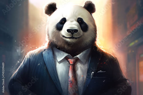 Discover the dapper side of nature with this stunning artwork featuring a panda in a suit