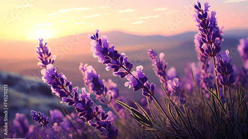 A field of lavender flowers with a blurry sky in the background