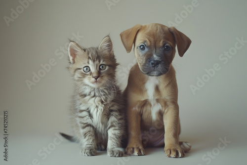 a small puppy and a kitten are sitting next to each other.  space for text © IULIIA