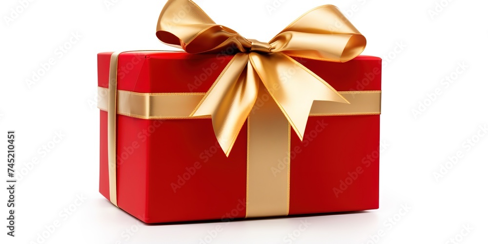 A red gift box with a golden ribbon on a white background A red gift box with a golden ribbon on a white background