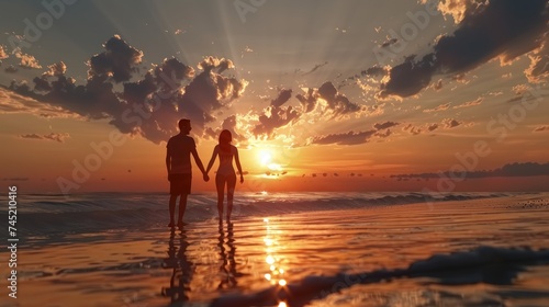 2 young people holding hands on the beach, sunset in the background with scattered clouds,