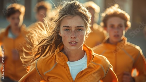 Group of young people in sports clothing jogging
