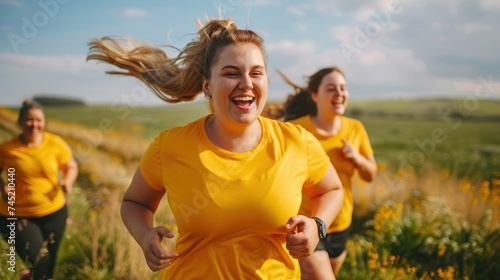 3 happy Polish women running in yellow t-shirt