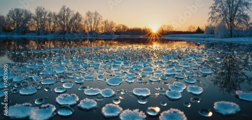 the sun is setting over a body of water with many bubbles floating on the water and trees in the background. photo