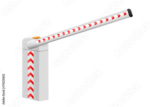 Isometric Automatic boom Barrier. Open automatic barrier gate for parking of car. Barricade with flashing lamp for security. Border for entrance to park, garage, construction and checkpoint. Vector.