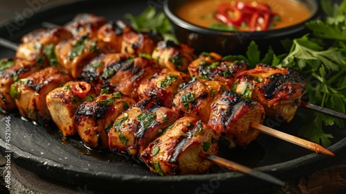a Thai Chicken Satay, grilled skewers with peanut sauce © arhendrix