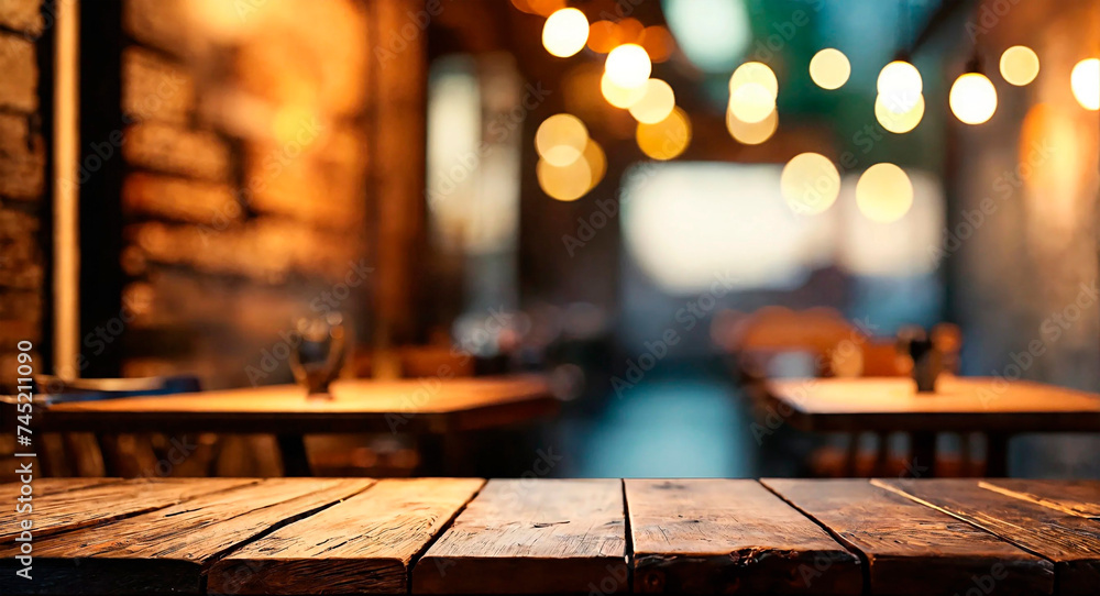 Empty wood table top on blurred restaurant with cosy lights. Product display mockup.