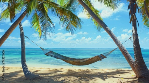 a beautiful, relaxing, calming beach scene, a hammock between 2 palm trees, endless ocean view, 