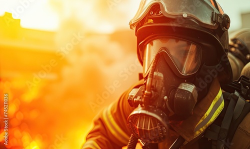 firefighter with helmet and air mask photo