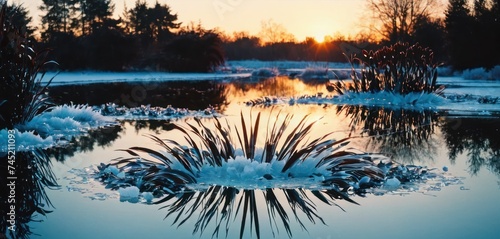 a pond filled with lots of water surrounded by ice covered grass and trees with the sun setting in the background.