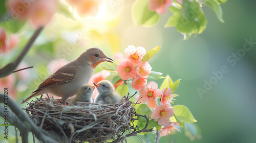 Cute birds in the nest, mother and chicks. The concept of bird Day.