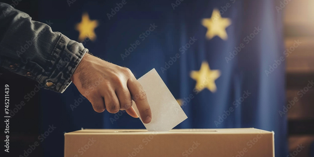 Unrecognizable man putting their vote in the ballot box with European Union flag on background. President governmental election giving your voice voting concept - obrazy, fototapety, plakaty 