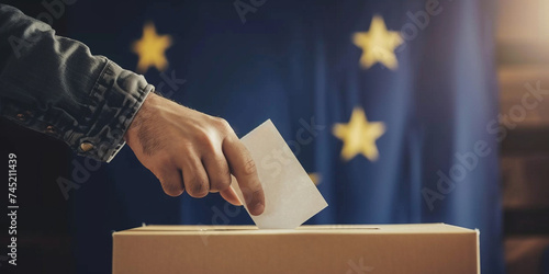 Unrecognizable man putting their vote in the ballot box with European Union flag on background. President governmental election giving your voice voting concept photo