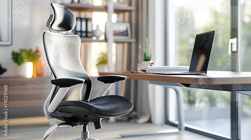 An ergonomic chair for the home office combined with a desk.