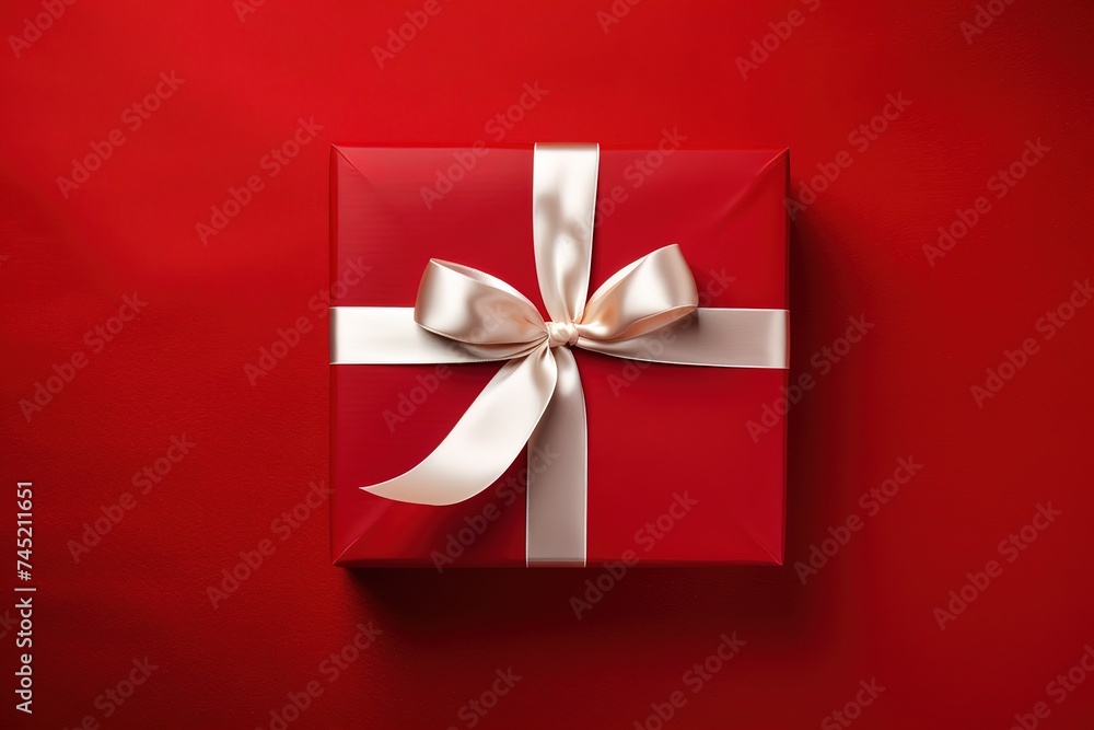 A red gift box with a white ribbon on a red background A red gift box with a white ribbon on a red background