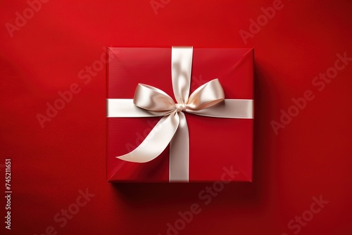 A red gift box with a white ribbon on a red background © intan