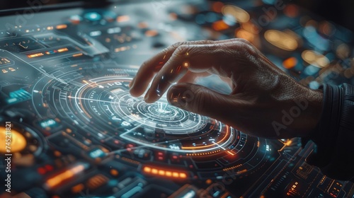 A hand interacts with a futuristic holographic interface, touching a brightly lit digital icon amidst an array of advanced technology symbols.