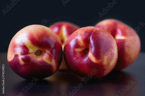Delicious peaches, close up view with black, dark background