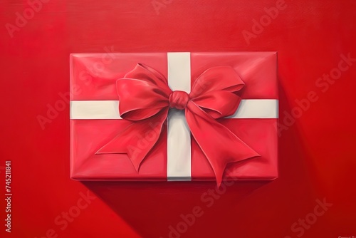 A red gift box with a white and red ribbon on a red background