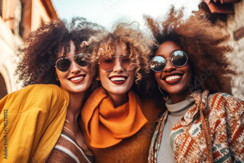 hree friends sharing laughter with trendy sunglasses photo