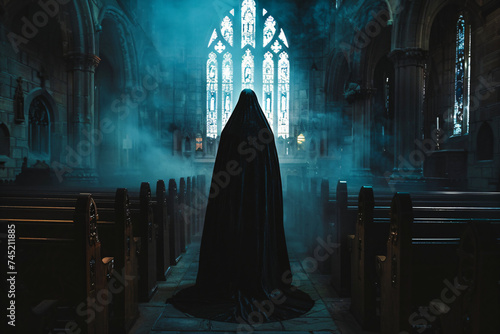 spooky figure with a cloak in a church
 photo