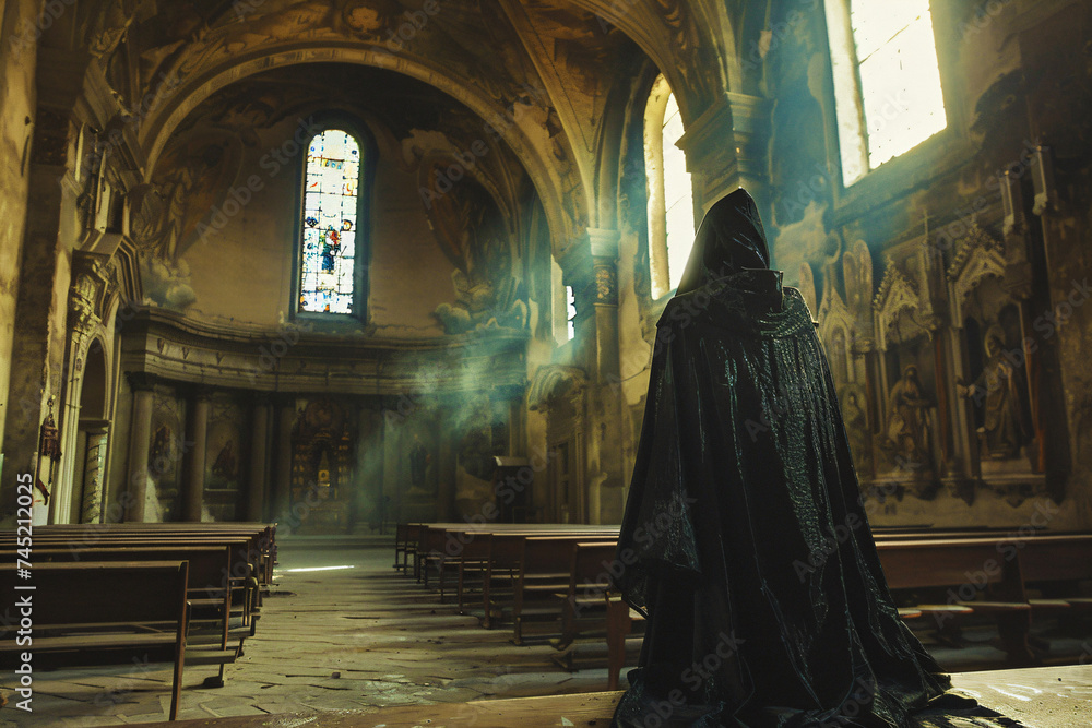 spooky figure with a cloak in a church
