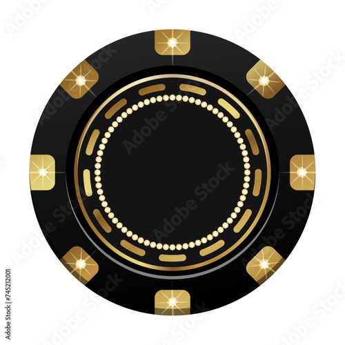 Round vector winning black and gold casino chip with glitter, expensively decorated with diamonds. Flat vector illustration.