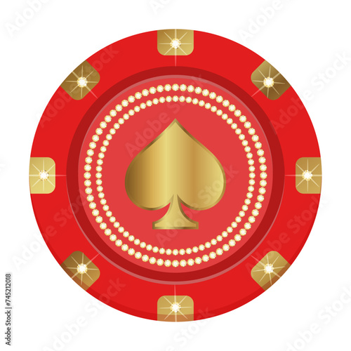 Round vector winning red and gold casino chip with glitter, expensively decorated with diamonds. Flat vector illustration.