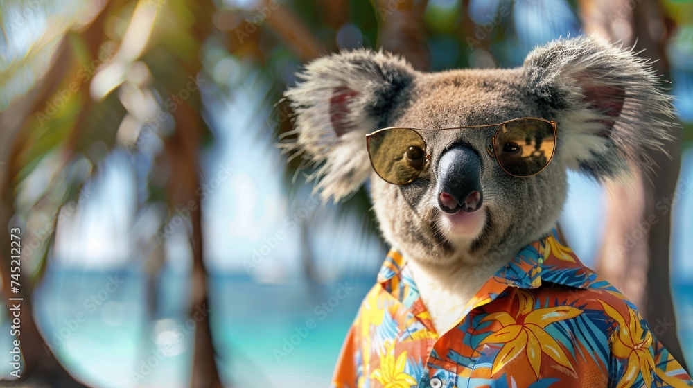 Naklejka premium A koala in the beach with sunglasses and a Hawaiian shirt. Realistic photo