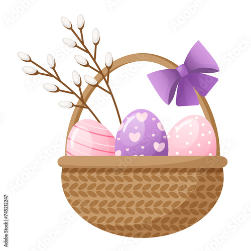 vector easter basket with eggs and pussy willow. purple and pink eggs