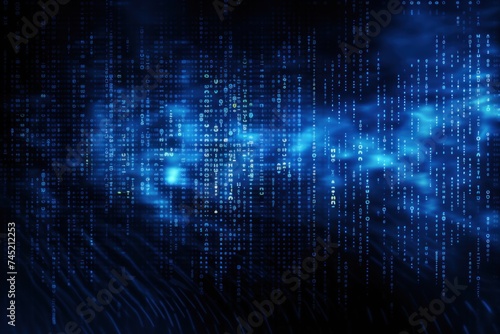 Navy Blue digital binary data on computer screen background