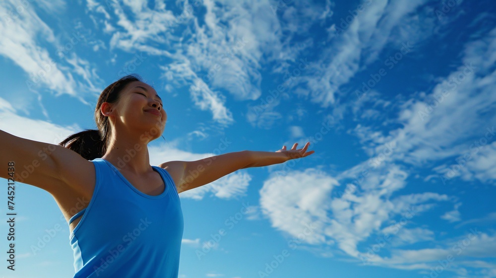 Copyspace beside an Asian woman stretching blue sky above reflecting a journey of fitness and peace Copyspace beside an Asian woman stretching blue sky above reflecting a journey of fitness and peace