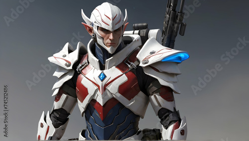 high elf sci fi soldier wearing heavy sci fi armor, white and red and blue armor, male, holding a light machine gun, full body, HD